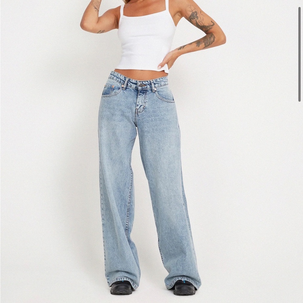 Motel Rocks Roomy Extra Wide Low Rise Denim Jeans in Vintage Blue Wash